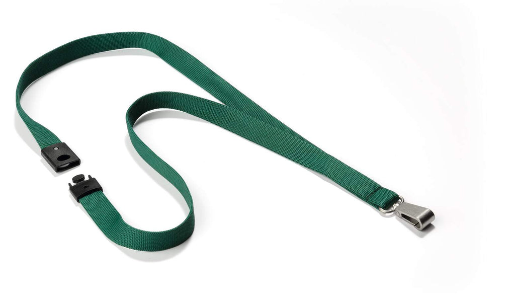 Dark green Durable textile lanyard with black safety clip and metal snap hook