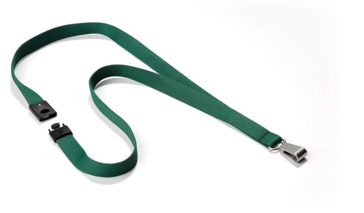 Dark green Durable textile lanyard with black safety clip and metal snap hook