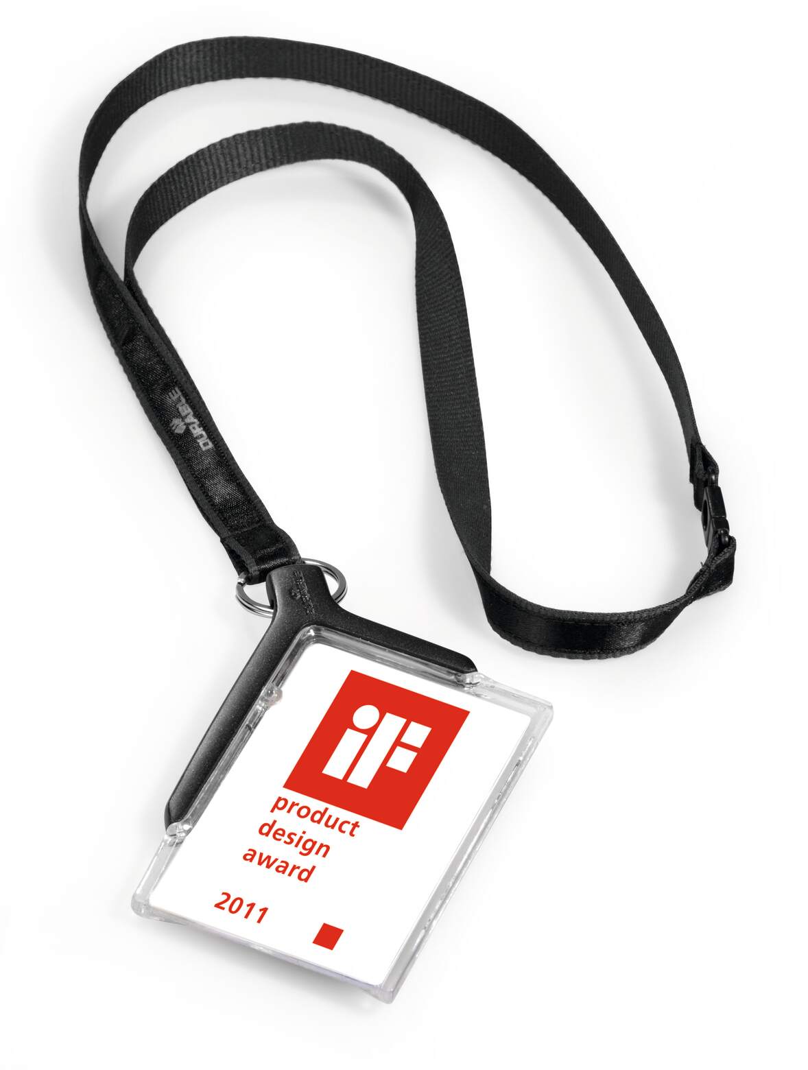 Durable Deluxe card holder on a black textile necklace with a sample insert printed with a design award logo
