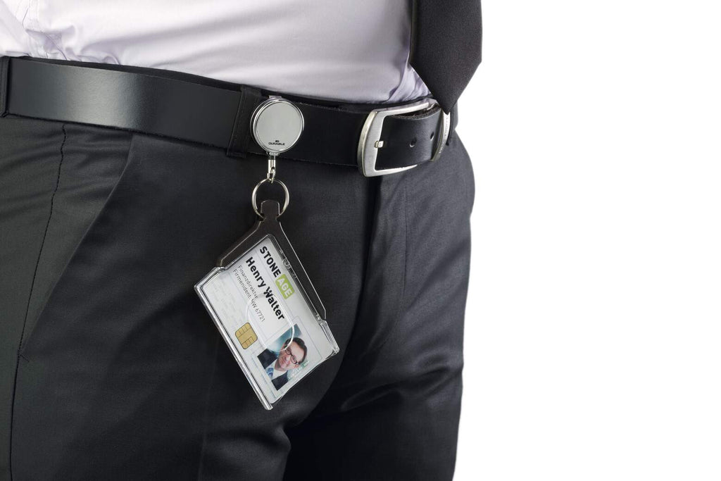 Deluxe Pro card holder on a chrome badge reel clipped to a belt, holding a staff photo pass