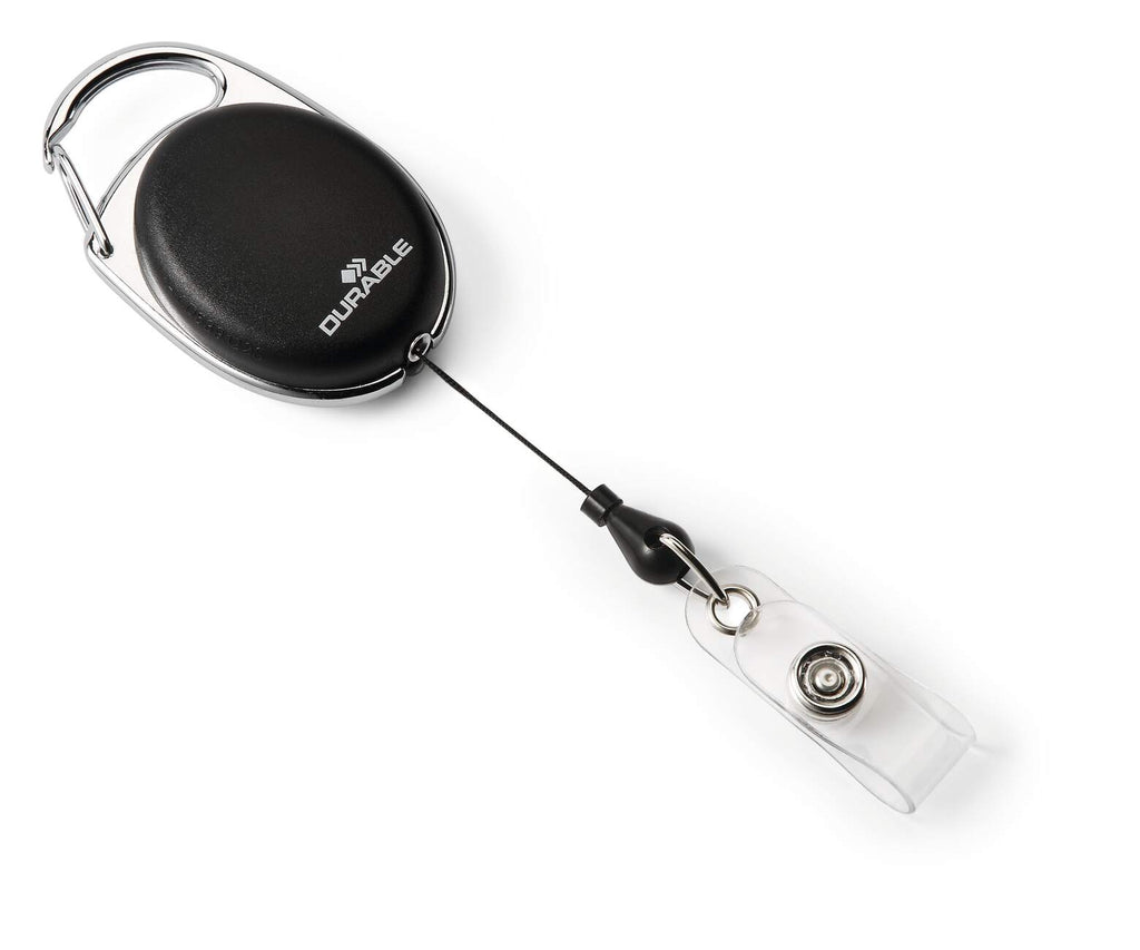 Durable Style oval badge reel in black with metal clip and clear snap strap, front view