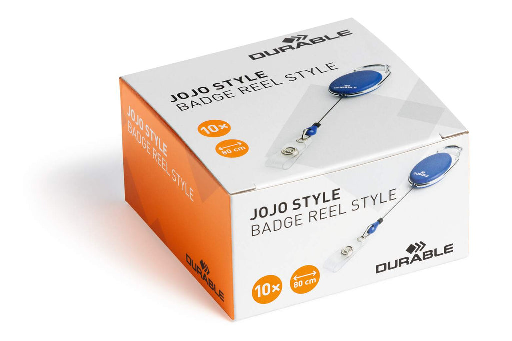 Durable JOJO Style badge reel box with a blue reel pictured on the front