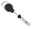 Durable Extra Strong badge reel in black with metal clip, keyring and snap button strap, cord slightly extended