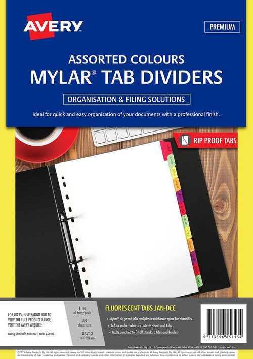 Avery Fluorescent Manilla Index Dividers Jan-Dec 12 Tab