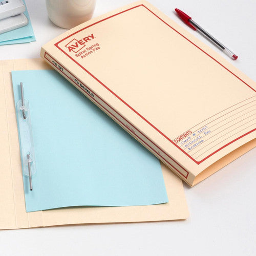 Avery Buff Spiral Spring Action File Red Print Foolscap 326gsm 25 Pack