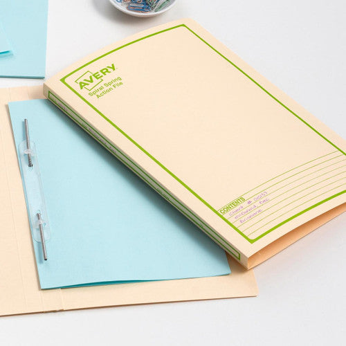 Avery Buff Spiral Spring Action File Green Print Foolscap 326gsm 25 Pack