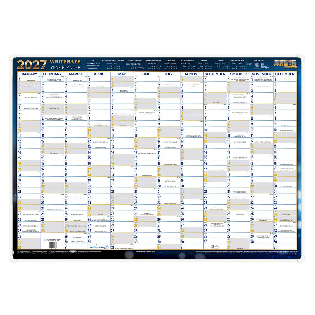 Collins 2027 A4 Wiro Wall Calendar Month to View