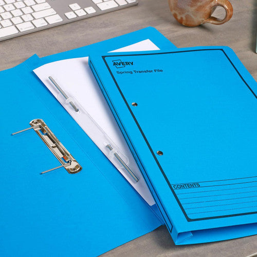 Avery Blue Spring Transfer File Black Print Foolscap 270gsm 25 Pack