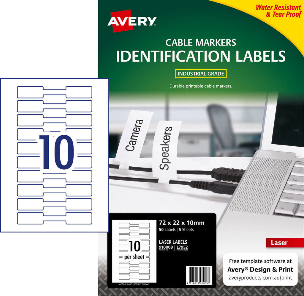 Avery Printable Cable Markers L7952 5 Pack 72 x 22mm Laser White
