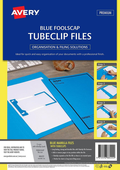 Avery Blue Tubeclip File Black Print Foolscap 270gsm 5 Pack