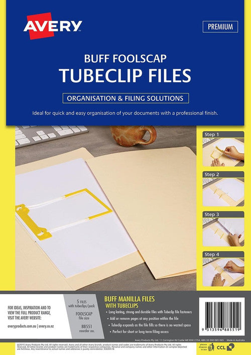 Avery Buff Tubeclip File Plain Foolscap 326gsm 5 Pack