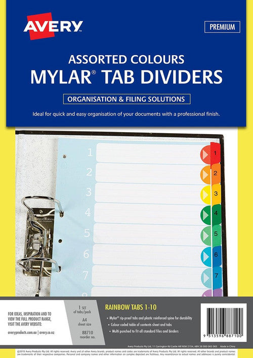 Avery Rainbow Manilla Index Dividers 1-10 10 Tab