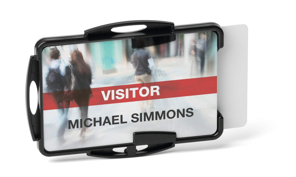 Durable ECO two card holder in black holding a sample visitor card with a second card behind it