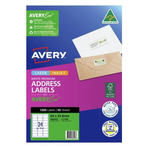 Avery Premium Address Labels with AveryEco L7159 64 x 33.8mm 24UP Pack 1200