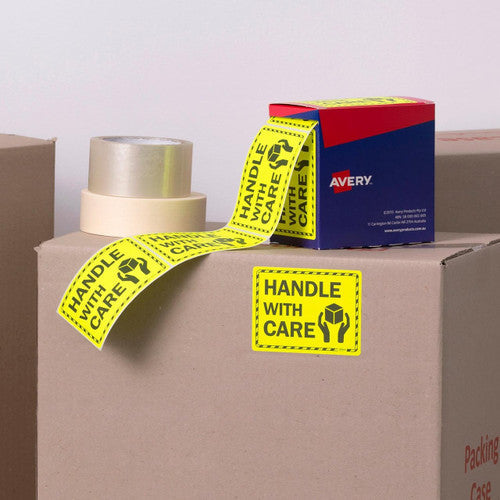 Avery Handle With Care Labels Fluoro Yellow 99.6 x 75mm Roll 750