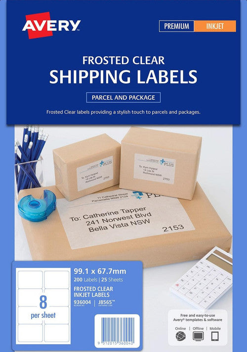Avery Frosted Clear Shipping Labels J8565 99.1 x 67.7mm 8UP 200 Labels