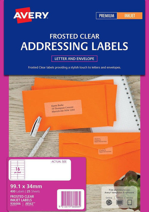 Avery Frosted Clear Address Labels J8562 99.1 x 34mm 16UP 400 Labels