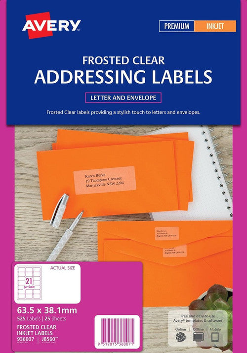 Avery Frosted Clear Address Labels J8560 63.5 x 38.1mm 21UP 525 Labels