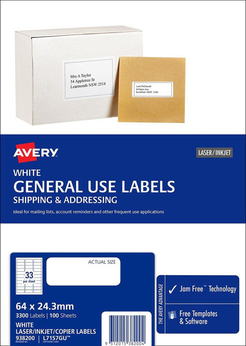 Avery White General Use Labels L7157GU 64 x 24.3mm 33UP 3300 Labels