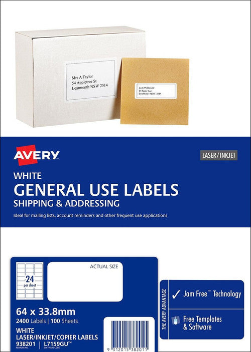 Avery White General Use Labels L7159GU 64 x 33.8mm 24UP 2400 Labels