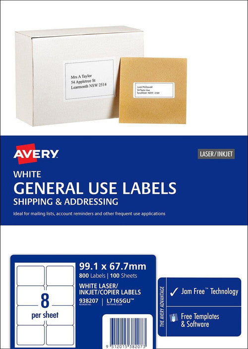 Avery White General Use Labels L7165GU 99.1 x 67.7mm 8UP 800 Labels