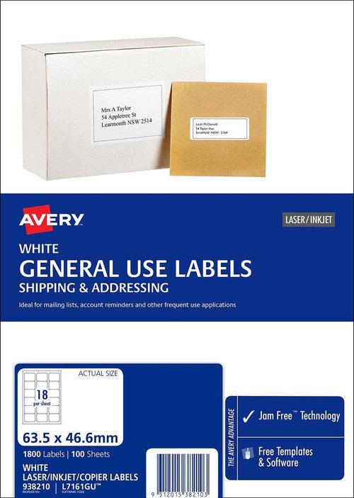 Avery White General Use Labels L7161GU 63.5 x 46.6mm 18UP 1800 Labels