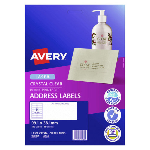 Avery Crystal Clear Address Labels L7563 99.1 x 38.1mm 14UP 140 Labels