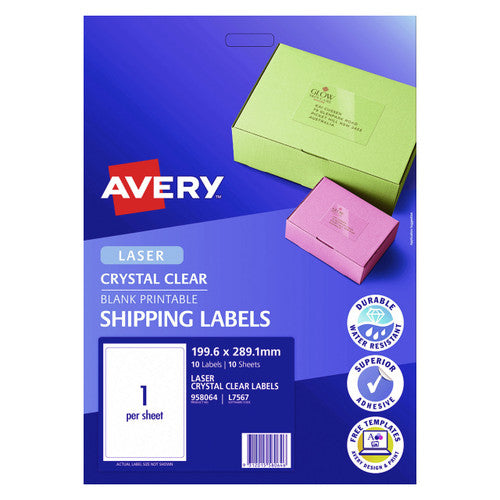 Avery Crystal Clear Shipping Labels L7567 199.6 x 289.1mm 1UP 10 Labels