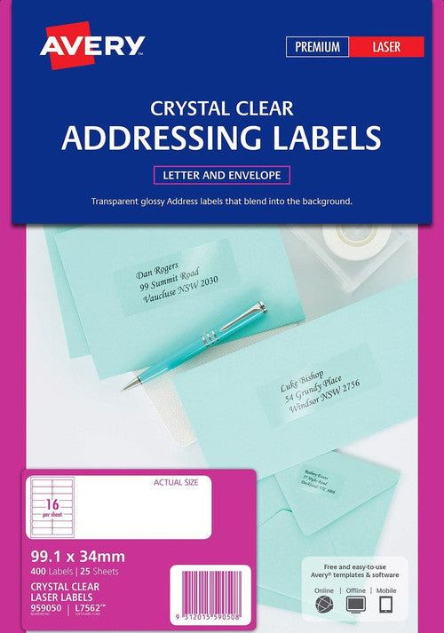 Avery Crystal Clear Address Labels L7562 99.1 x 34mm 16UP 400 Labels