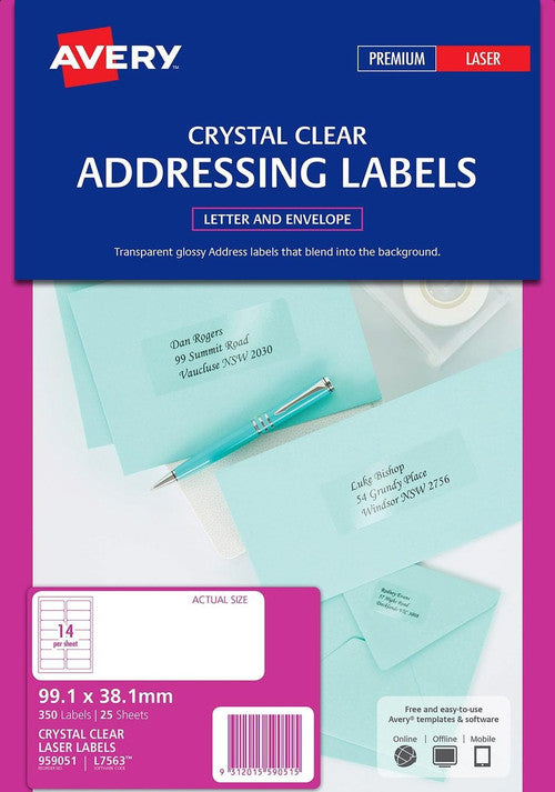 Avery Crystal Clear Address Labels L7563 99.1 x 38.1mm 14UP 350 Labels