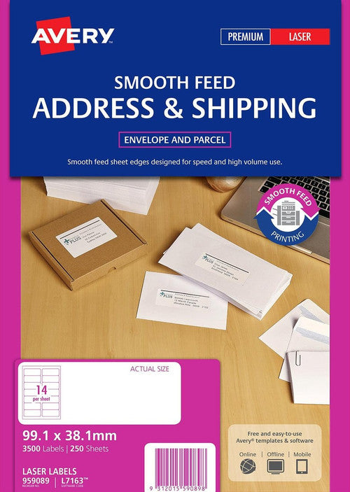 Avery White Address Labels Smooth Feed L7163 99.1 x 38.1mm 14UP 3500 Labels
