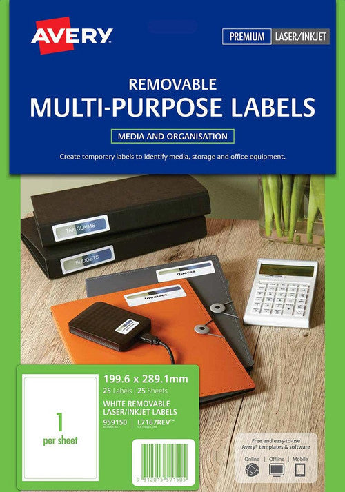 Avery Removable Multi-purpose Labels L7167REV 199.6 x 289.1mm 1UP Pack 25
