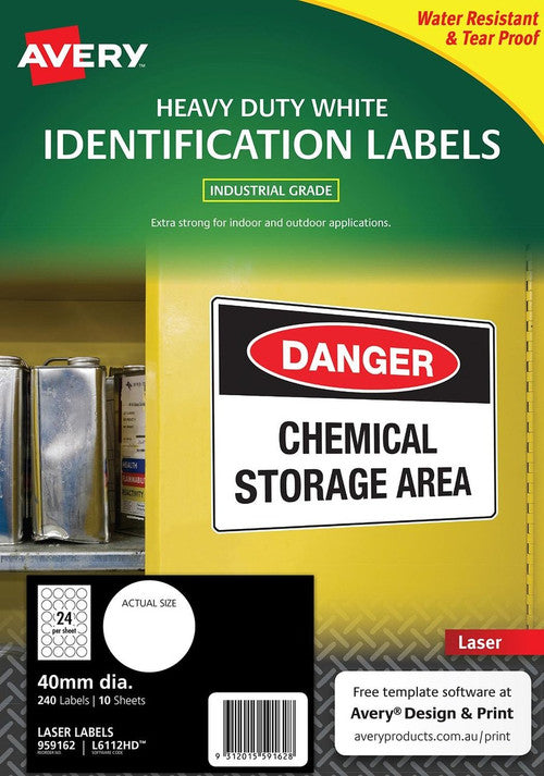Avery White Round Heavy Duty Labels L6112HD 40mm Diameter 24UP 240 Labels