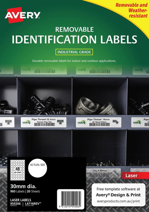 Avery Removable White Heavy Duty Labels L4716REV 30mm Diameter 48UP 960 Labels