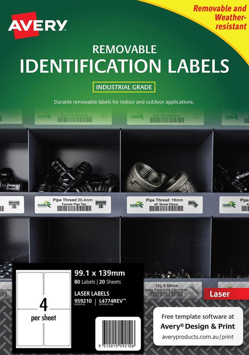 Avery Removable White Heavy Duty Labels L4774REV 139 x 99.1mm 4UP 80 Labels