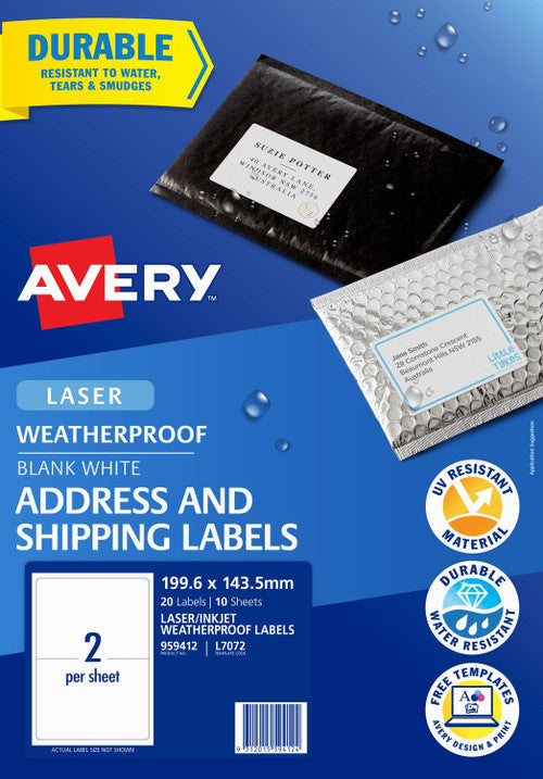 Avery Weatherproof Shipping Labels L7072 10 Pack 199.6 x 143.5mm Laser White