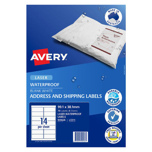 Avery White Waterproof Labels L7211 99.1 x 38.1mm 14UP 70 Labels