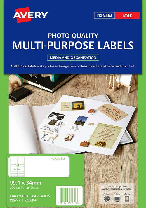 Avery Matt Photo Quality Multi-Purpose Labels L7162CL 99.1 x 34mm Pack 320