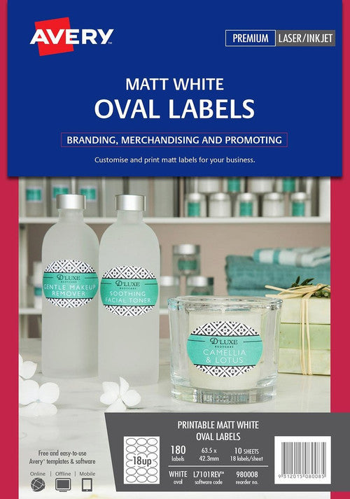 Avery Matt Oval Labels L7101REV 63.5 x 42.3mm 18UP Pack 180