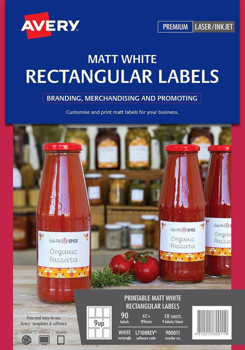 Avery Matt Rectangle Labels L7108REV 62 x 89mm 9UP Pack 90