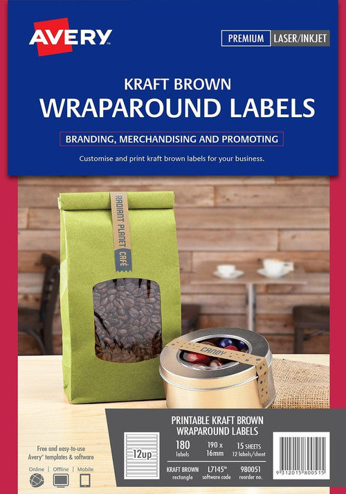 Avery Kraft Brown Wraparound Labels L7145 190 x 16mm Pack 180