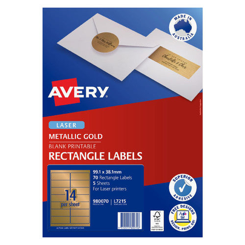 Avery Gold Rectangle Labels L7215 99.1 x 38.1mm Pack 70