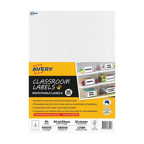 Avery Classroom Removable Labels L7169 99.1 x 139mm 80 Labels 20 Sheets