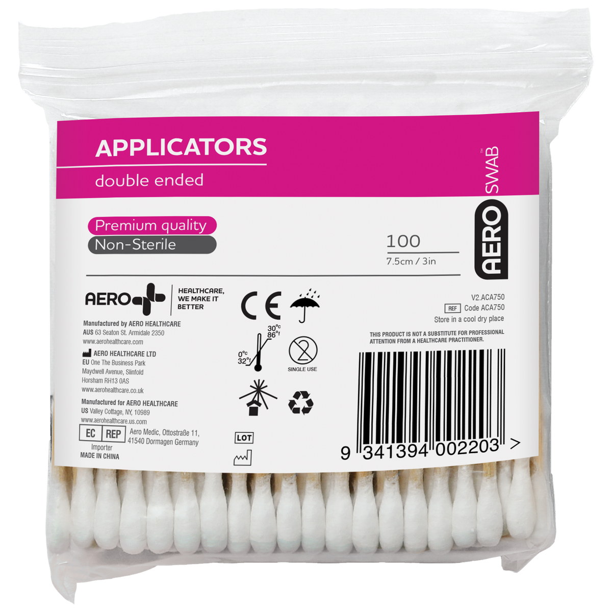 AeroSwab 7.5cm Bamboo Double End Applicators Bag/100