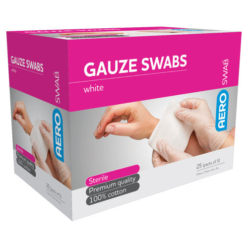 AeroSwab Sterile White Gauze Swab 7.5 x 7.5cm (Packs of 5) Box/25