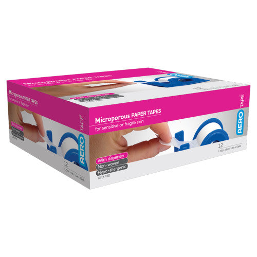 AEROTAPE White Microporous Paper Tape with Dispenser 1.25cm x 9.1M Box/12