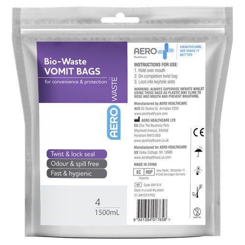 Aero Healthcare AeroWaste Bio-Waste Vomit Bag 1500ml Bag of 4 Pack of 6