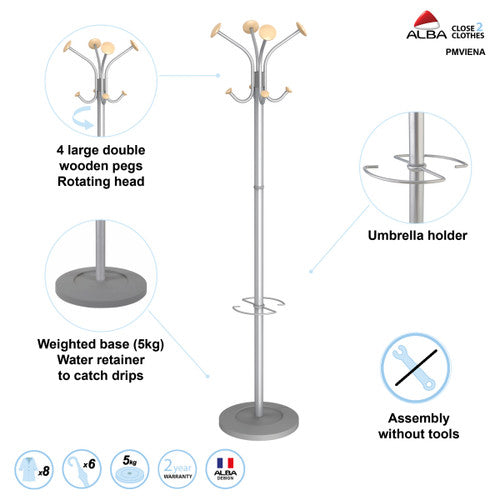 Alba Stily Coat Rack Silver Wood