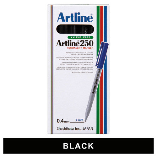Artline 250 Permanent Marker 0.4mm Plastic Nib Black Box of 12