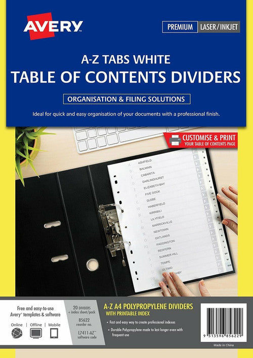 Avery White Polypropylene Index Dividers A-Z 26 Tab L7411-AZ
